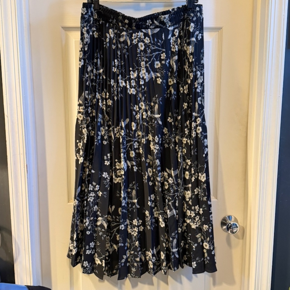 Pleated Maxi Skirt w/Elastic Waist, Black w/Accents in Ivory, Gray + Sage Green